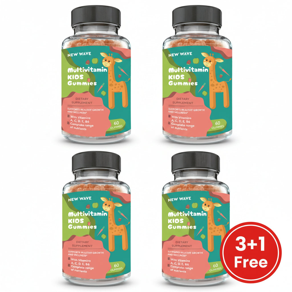 A bottle of New Wave Multivitamin Kids Gummies with a colorful label featuring a giraffe.