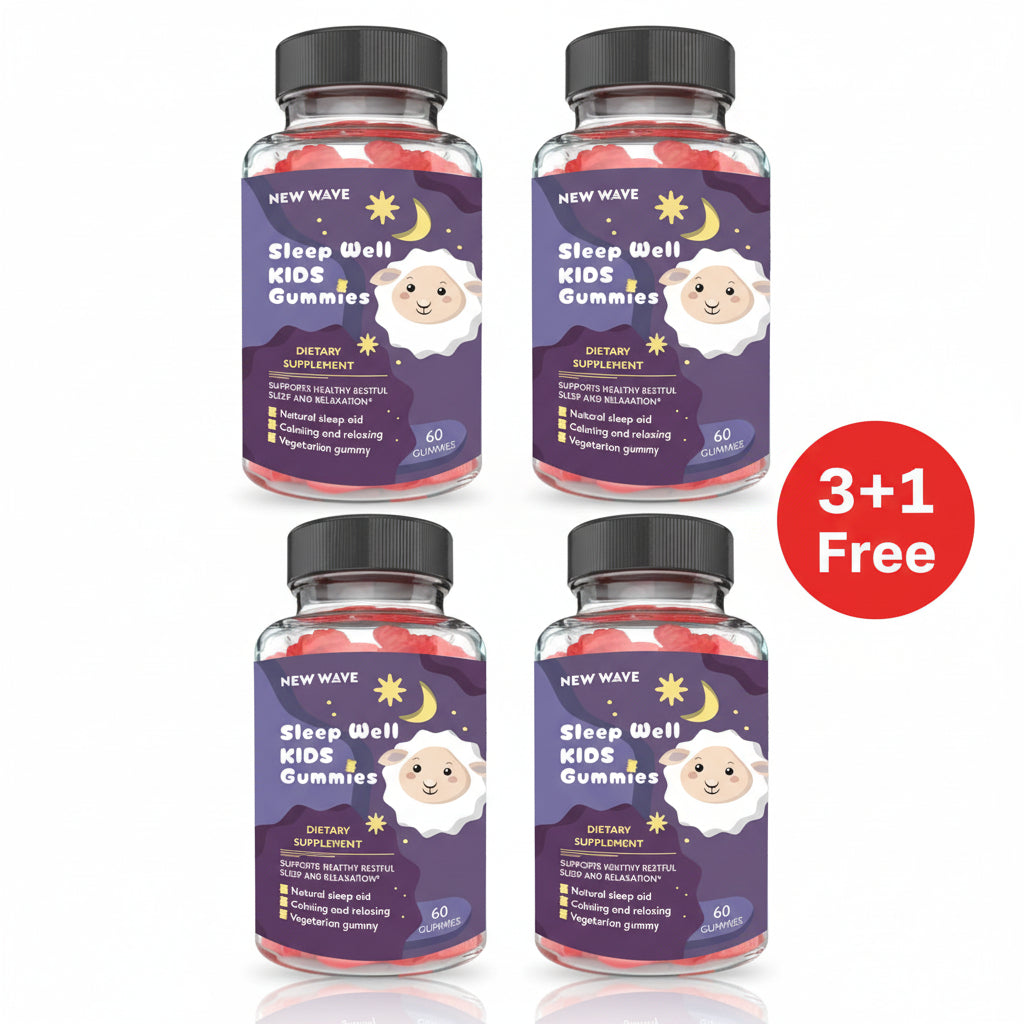 A bottle of Sleep Well KIDS Gummies by NEW WAVE, with the gummies visible inside the bottle. The label features a cartoon of a sleeping child and text indicating the product is a dietary supplement that supports healthy restful sleep and relaxation.