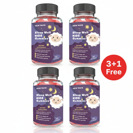 A bottle of Sleep Well KIDS Gummies by NEW WAVE, with the gummies visible inside the bottle. The label features a cartoon of a sleeping child and text indicating the product is a dietary supplement that supports healthy restful sleep and relaxation.