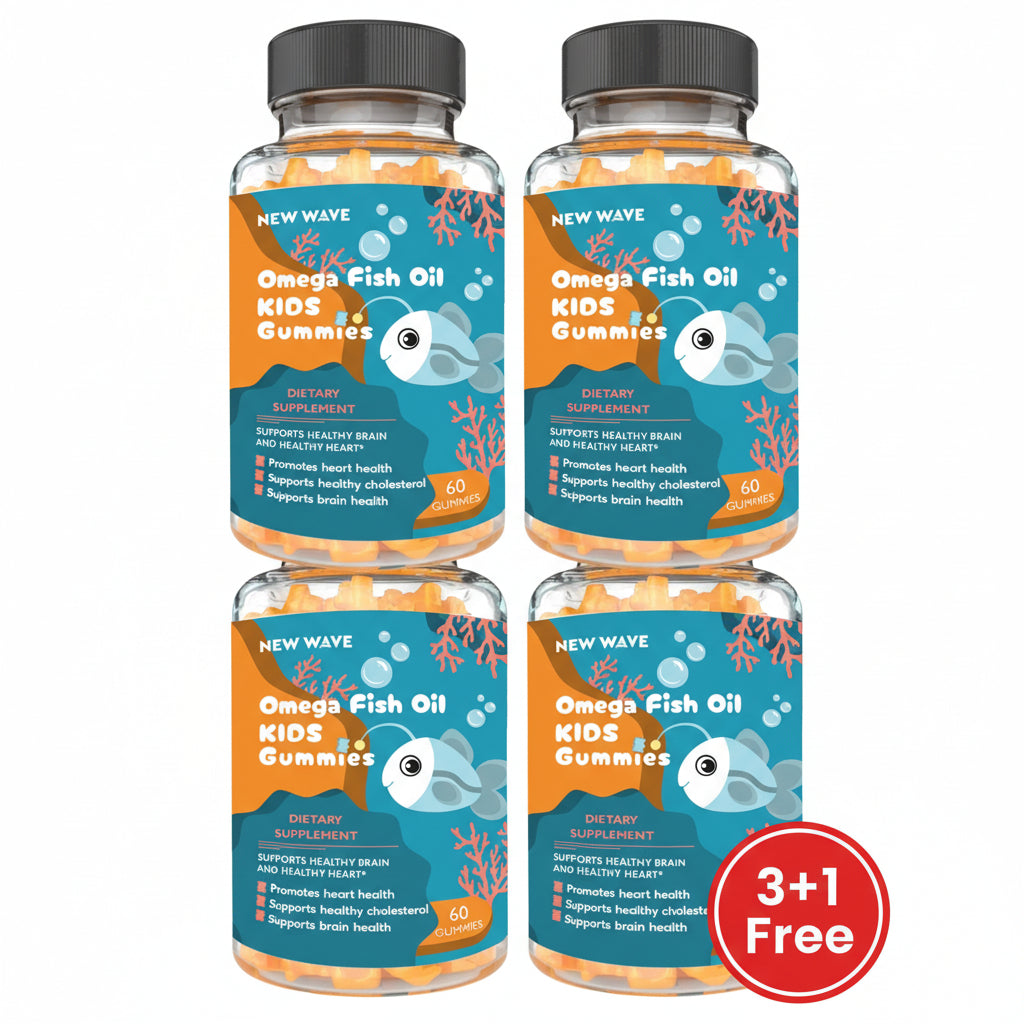 A bottle of Omega Fish Oil KIDS Gummies with a colorful label featuring a fish illustration. The label includes text highlighting health benefits such as supporting healthy brain and heart.