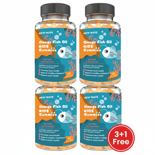 A bottle of Omega Fish Oil KIDS Gummies with a colorful label featuring a fish illustration. The label includes text highlighting health benefits such as supporting healthy brain and heart.