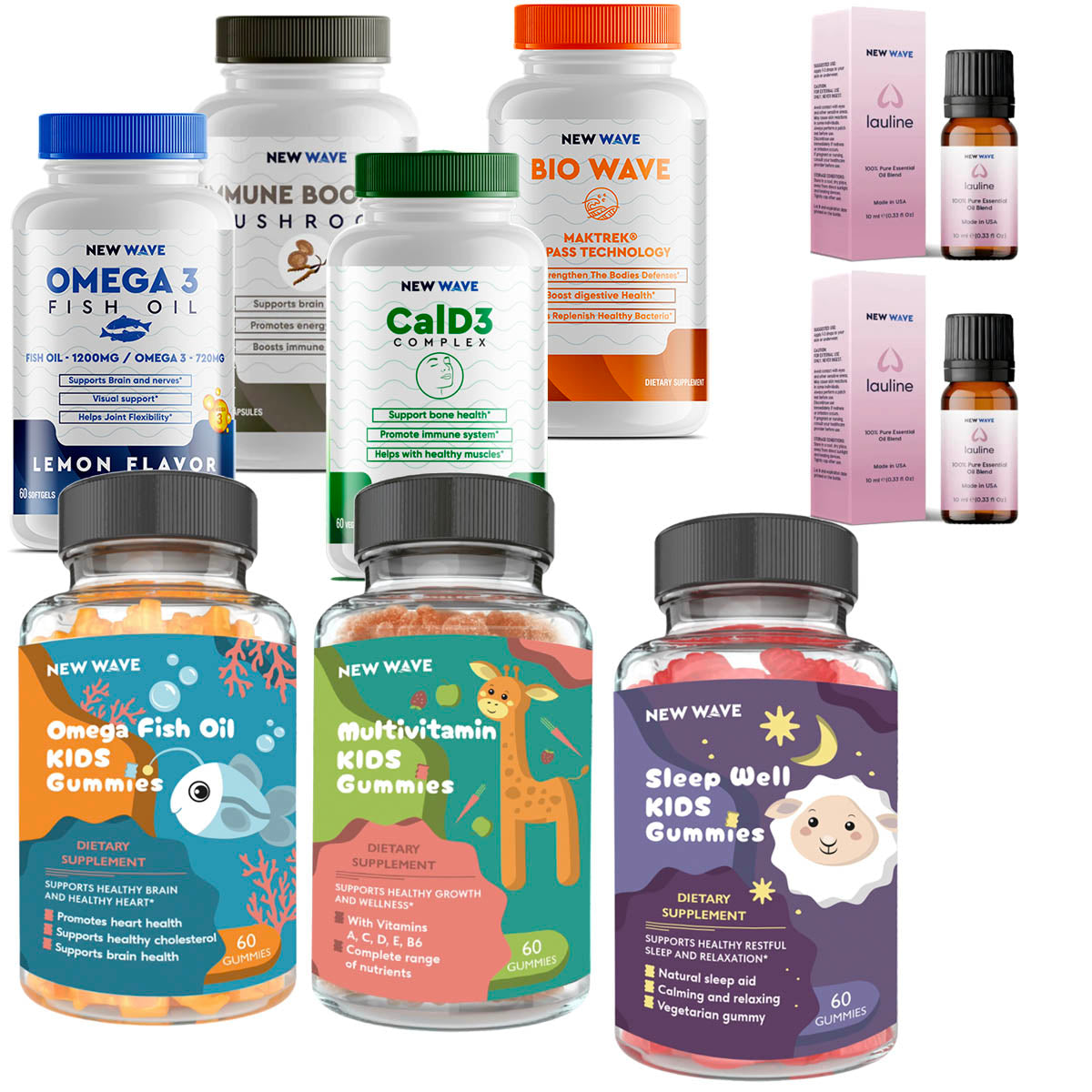Collection of New Wave dietary supplements for children on a white background